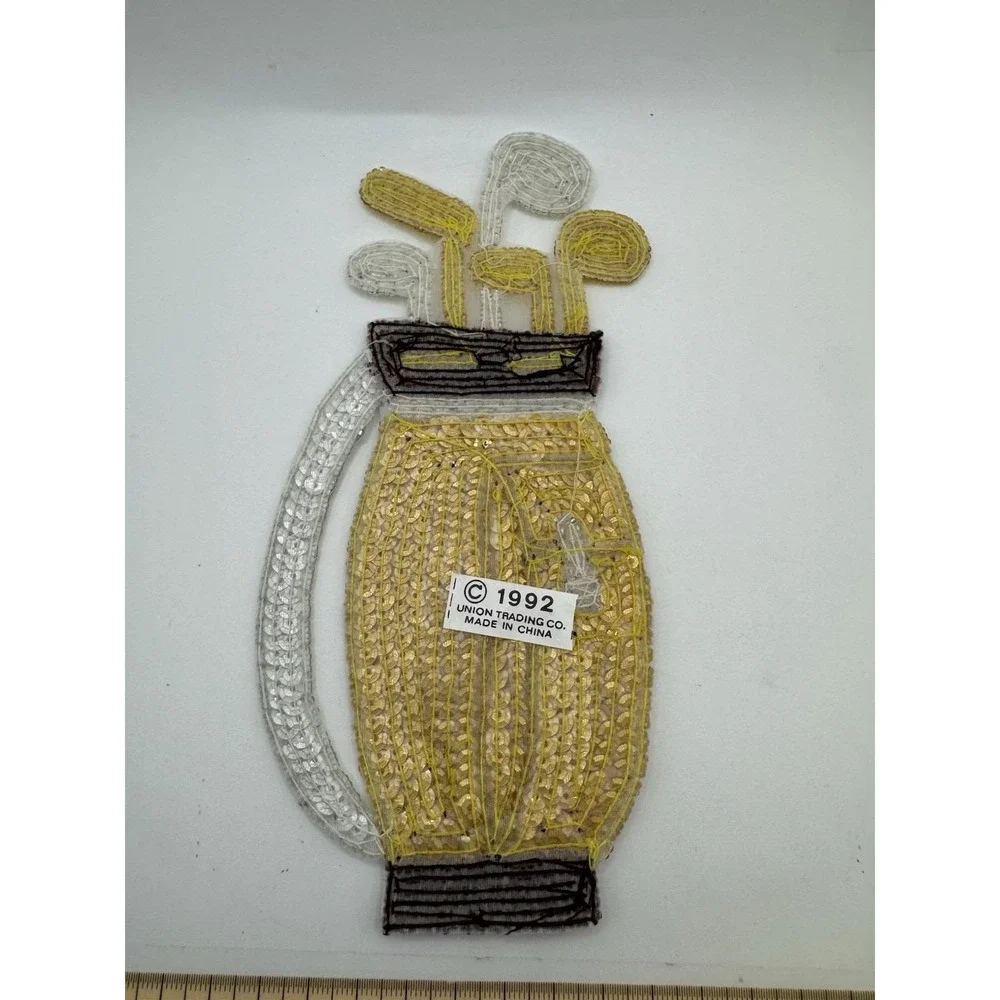 Sequined & Beaded Golf Bag And Clubs Sew On Patch NOS Gold & White